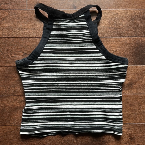 Y2K 90s Vintage Crop Top Black Gray Whites Stripes - Picture 2 of 5